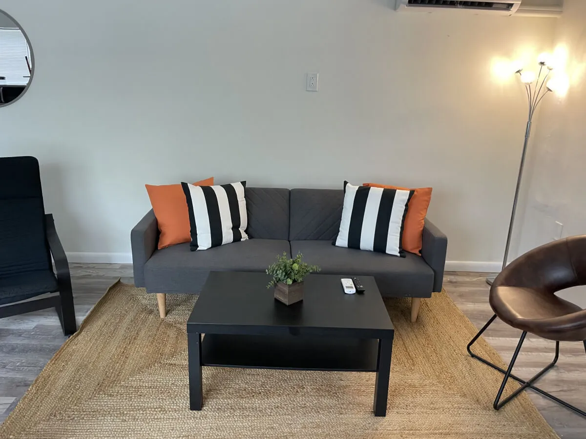 A stylish living room setup with a comfortable sofa, coffee table, accent chairs, a floor lamp for added ambiance, and a decorative plant. The arrangement invites guests to relax, socialize, or watch TV. The mix of seating options and open layout conveys a sense of flexibility and homeliness, aligning with the multi-use aspect of the space.